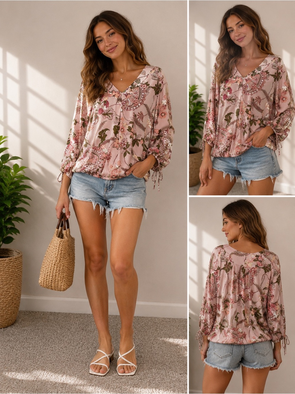 Soho New York & Company Floral Boho Blouse Size L Pink Paisley To